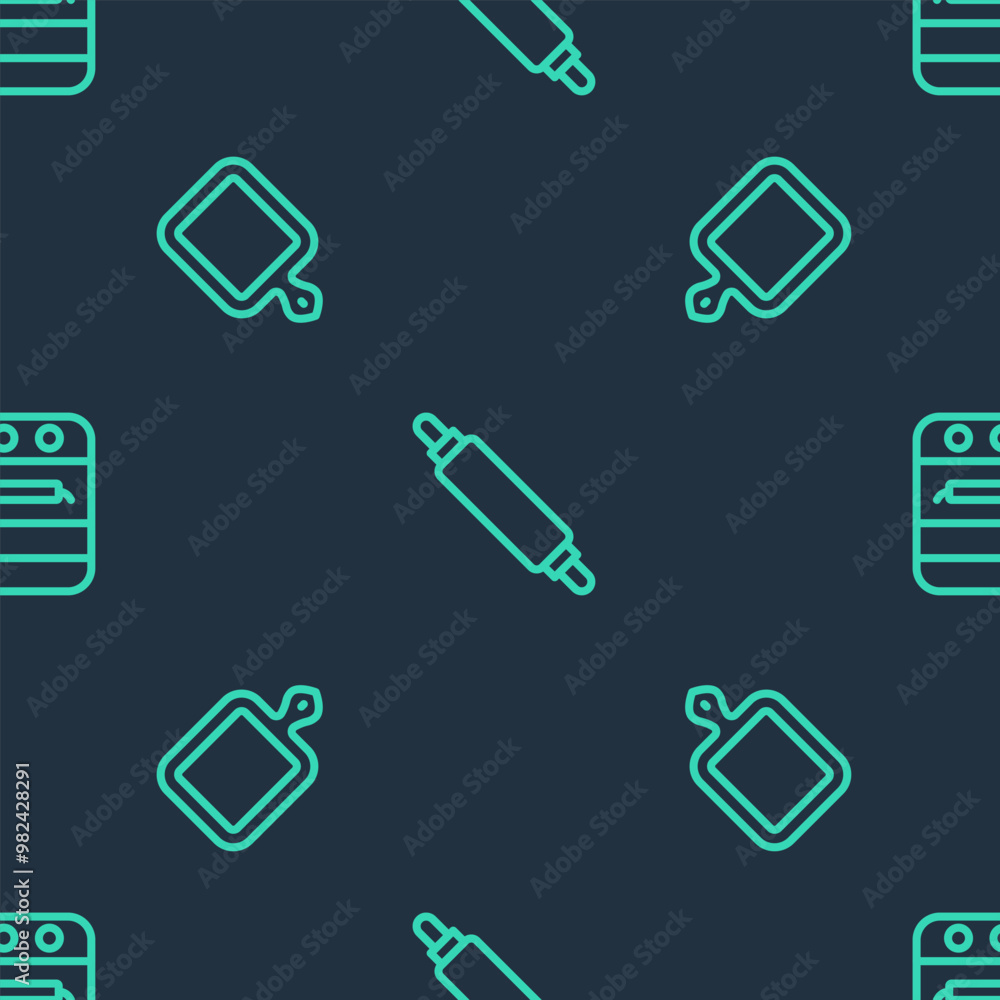 Poster set line rolling pin, cutting board and oven on seamless pattern. vector