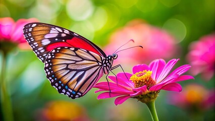Fototapeta premium A delicate pink butterfly rests peacefully on a diminutive flower, set against a calming backdrop of flora and