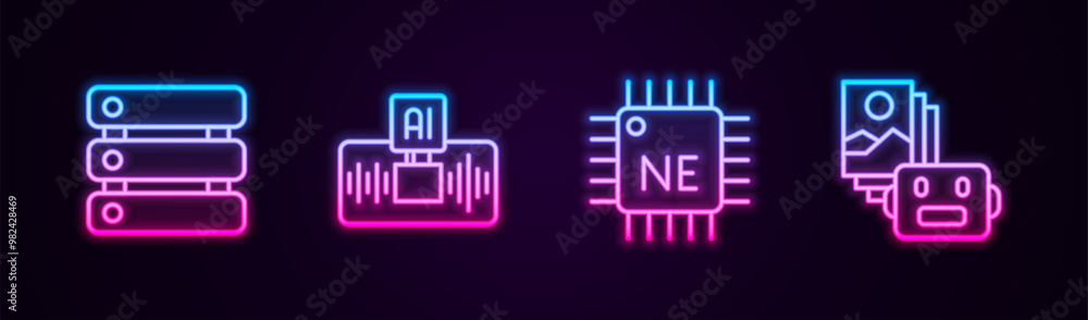 Poster set line server, data, artificial intelligence ai, processor cpu and robot. glowing neon icon. vecto