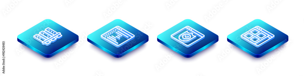 Poster set isometric line server, browser window, with shield and files icon. vector