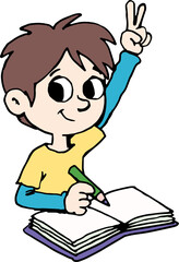 boy with a notebook and a pencil raises two fingers and shows knowledge2.eps