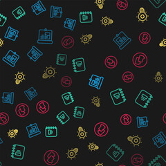 Set line Projection screen, Notebook, Light bulb and Speech bubble chat on seamless pattern. Vector