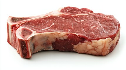 Obraz premium A thick T-bone beef steak, raw, perfectly centered on a white background.
