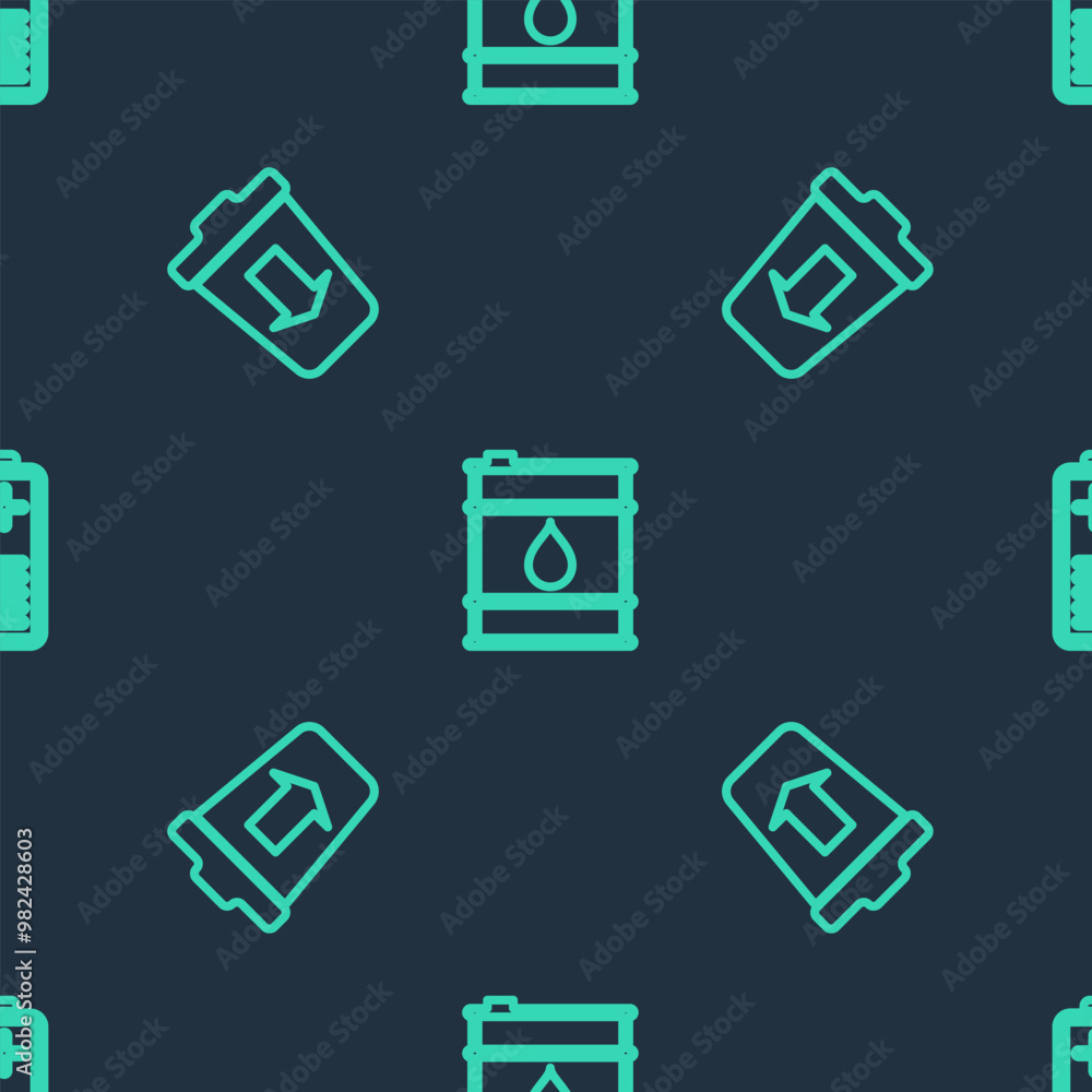 Poster set line oil barrel, send to the trash and battery charge level indicator on seamless pattern. vecto