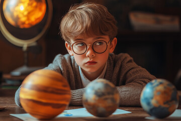 Pupils at school study models of poanets in science class. World Space Day.