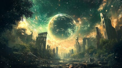 Fototapeta premium Forgotten Ruins Under a Cosmic Sky.