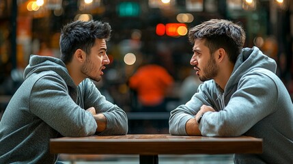 Two close friends in an intense argument at a cafe, their relationship visibly strained, symbolizing interpersonal conflict