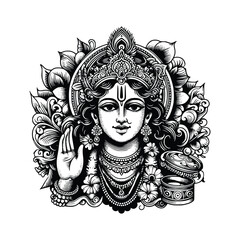 hand drawn illustration of Lord Krishna Indian God. engraving black and white Hindu God vector illustration isolated background