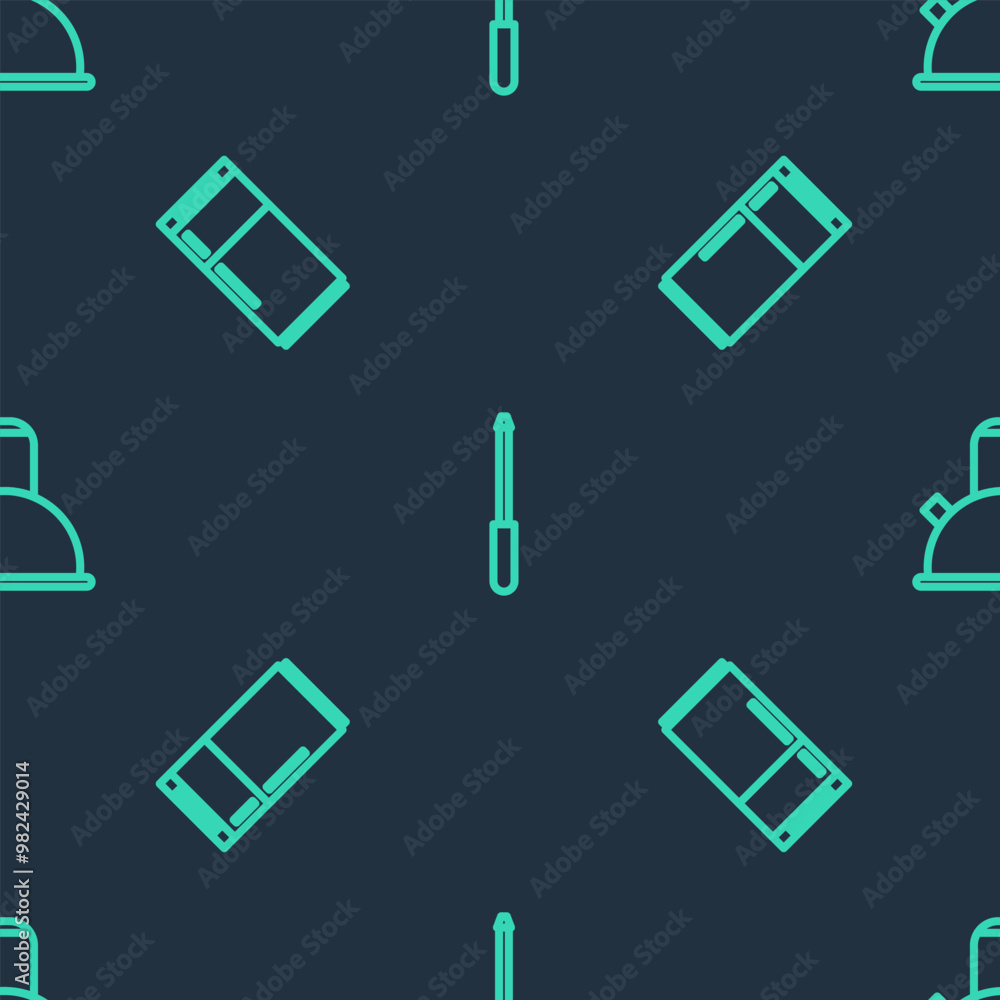 Poster set line knife sharpener, refrigerator and kettle with handle on seamless pattern. vector