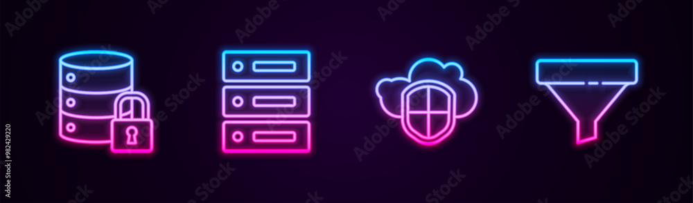 Aufkleber set line server security with lock, server, data, web hosting, cloud and shield and sales funnel. gl