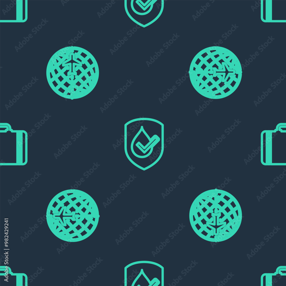 Poster set line waterproof, globe with flying plane and suitcase for travel on seamless pattern. vector