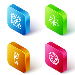 Set Isometric line Medical pills with marijuana, Marijuana or cannabis leaf, cream and Ashtray icon. Vector