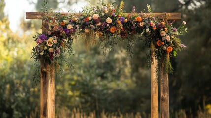 Rustic Wedding Arch Decorated with Flowers.