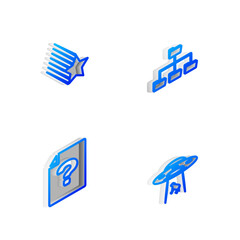 Set Isometric line Folder tree, Falling star, Unknown document and UFO abducts cow icon. Vector