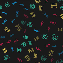 Set line Gardening handmade scissors, Location farm house, Wooden box and trowel spade shovel on seamless pattern. Vector