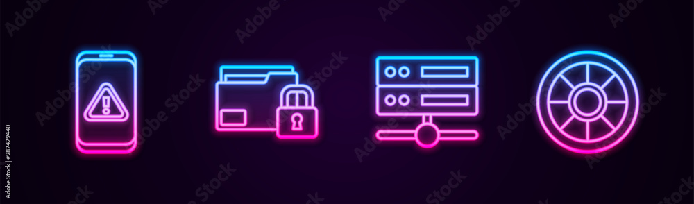 Poster set line mobile with exclamation mark, folder and lock, server, data, web hosting and safe. glowing 
