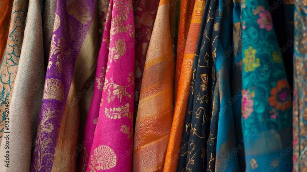 Poster vibrant collection of decorative fabrics in various colors and patterns, showcasing intricate design