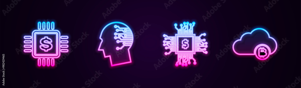Poster set line processor chip with dollar, brain as digital circuit board, and cryptocurrency cloud mining