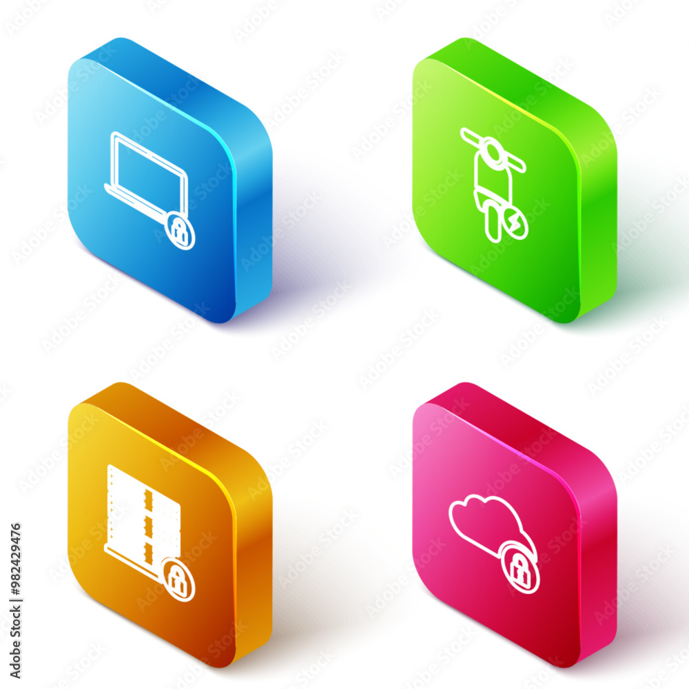 Poster set isometric line laptop and lock, electric scooter, server security with and cloud computing icon.