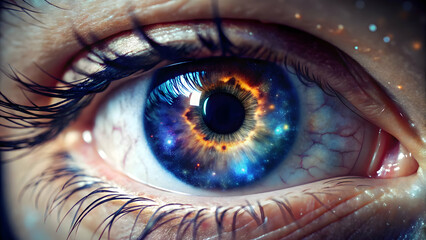 Close-up of an eye with a galaxy reflection in the pupil