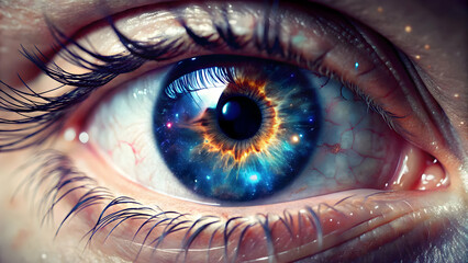 Close-up of an eye with a galaxy reflection in the pupil