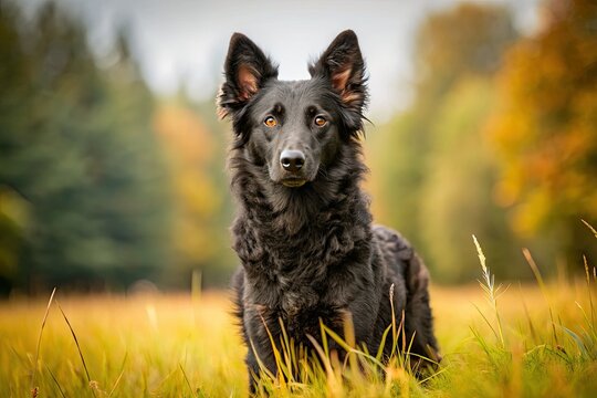 Alert and focused, the mudi dog breed stands tall in the field, its serious expression a testament to its keen instincts and hunting prowess.