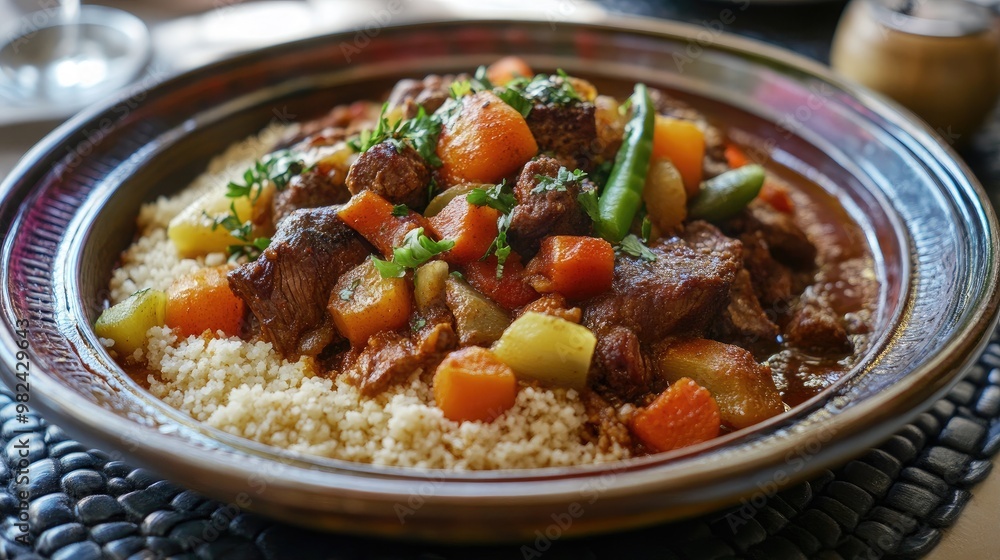 Sticker A beautifully plated Moroccan tagine, filled with slow-cooked meat, vegetables, and spices, served with couscous.