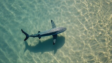 Obraz premium top-down view of an overhead shot from above, capturing the outline and shape of a small shark in shallow water --ar 16:9 --v 6.1 Job ID: c5f44f3c-df6b-4a3e-a6a6-17a73149fedb