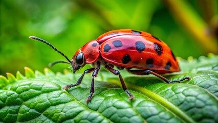 Naklejka premium A fiery red beetle sports black splotches as it perches on a fresh green leaf, lost amidst the
