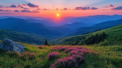Fototapeta premium Sunrise over a mountain range with a meadow of wildflowers in the foreground
