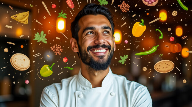 A joyful chef in a modern kitchen expresses passion for cooking with a vibrant array of food illustrations floating around him, highlighting his creativity and enthusiasm