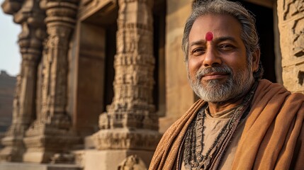 Naklejka premium A smiling elderly man with a spiritual demeanor stands near intricately carved temple architecture, showcasing cultural heritage.