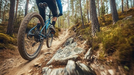 Fototapeta premium Mountain bike rider speeding down a rocky trail, surrounded by trees and nature