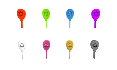 Colorful Balloons with ribbon with star of david icon isolated on white background. Balloon with israel flag. Minimalism concept. 3D render illustration