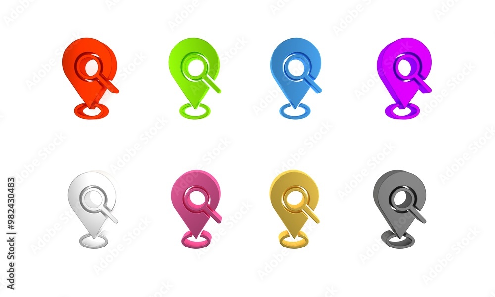 Poster colorful search location icon isolated on white background. magnifying glass with pointer sign. mini