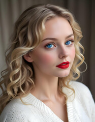 Fototapeta premium A portrait of a woman whose eyes are blue and her hair is blonde