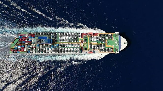 Aerial top down tracking view of a large, industrial car carrier transport ship cruising with speed over the ocean