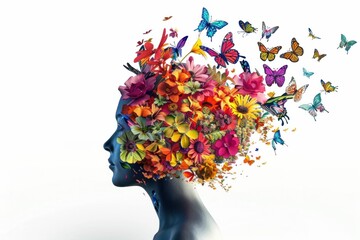 A silhouette of a woman s head filled with vibrant flowers and butterflies against a white background