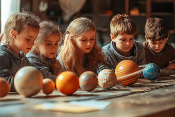 Fototapeta premium Pupils at school study models of poanets in science class. World Space Day.