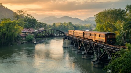 Train Crossing River Bridge at Sunset.