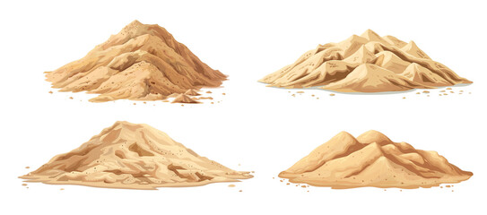 Sand pile isolated illustrations set on transparent background. Sand dune in desert or at beach, construction material.