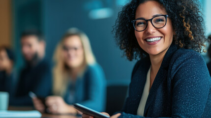 Fototapeta premium Smiling Woman at Conference Table with Colleagues