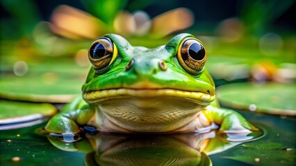 Naklejka premium A green frog perches on a lily pad, its big golden eyes engaging the camera with an unblinking