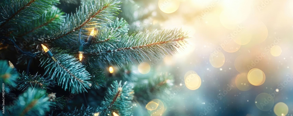 Poster A close-up of evergreen branches adorned with warm lights, creating a festive atmosphere with soft bokeh background.