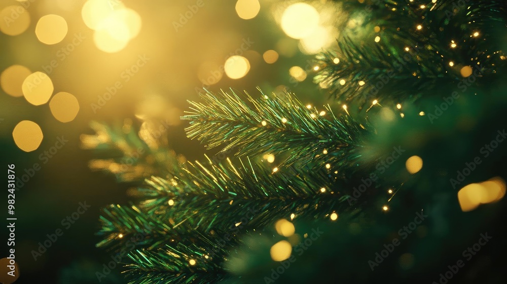 Poster close-up of evergreen branches adorned with soft, warm lights, creating a magical and festive atmosp