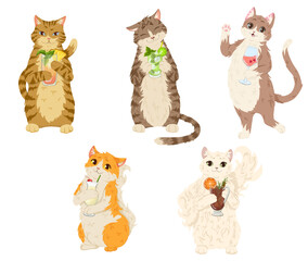 Obraz premium Cats with cocktails set. Cat holds a glass with champagne, mai tai, mojito, pina colada, mulled wine. Funny cartoon vector illustration for stickers, prints, invitations design, bar menu