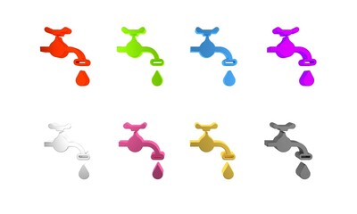 Colorful Water tap with a falling water drop icon isolated on white background. Minimalism concept. 3D render illustration
