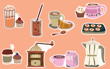 Coffee set stickers. Paper cup, cups, coffee grinder, coffee beans, dessert, coffee pot. Caffeinated drinks, espresso, cappuccino, latte, coffee pot, dessert, cupcake, milk, wooden tray with toast.