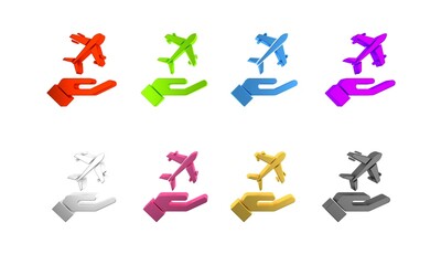 Colorful Plane in hand icon isolated on white background. Flying airplane. Airliner insurance. Security, safety, protection, protect concept. Minimalism concept. 3D render illustration