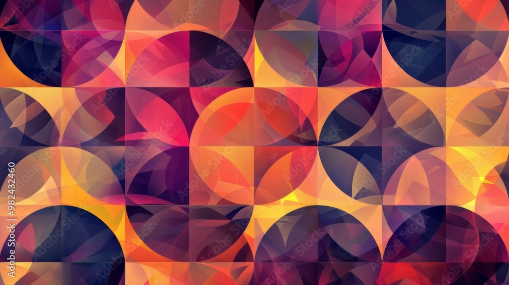 Poster abstract geometric pattern with circles and squares in vibrant colors.